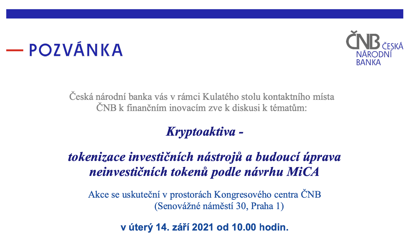 Česká národní banka organizuje Kulatý stůl na téma kryptoaktiva
